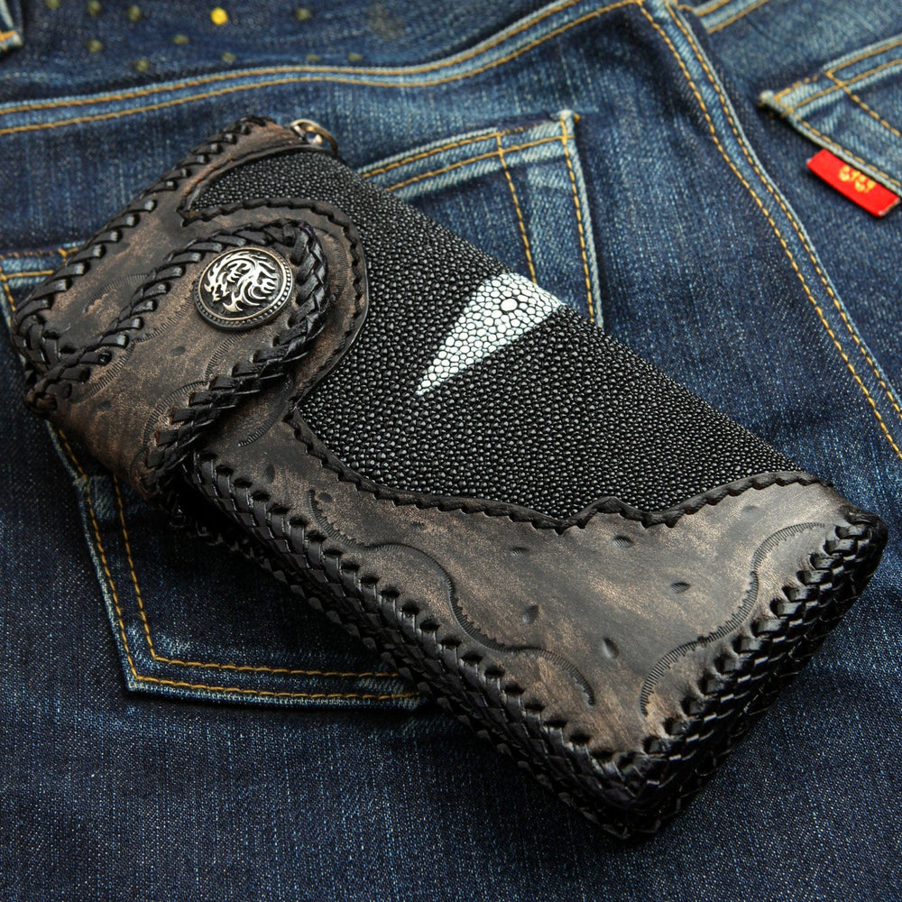 Genuine stingray Leather bifold Wallet Men, black Handmade wallet