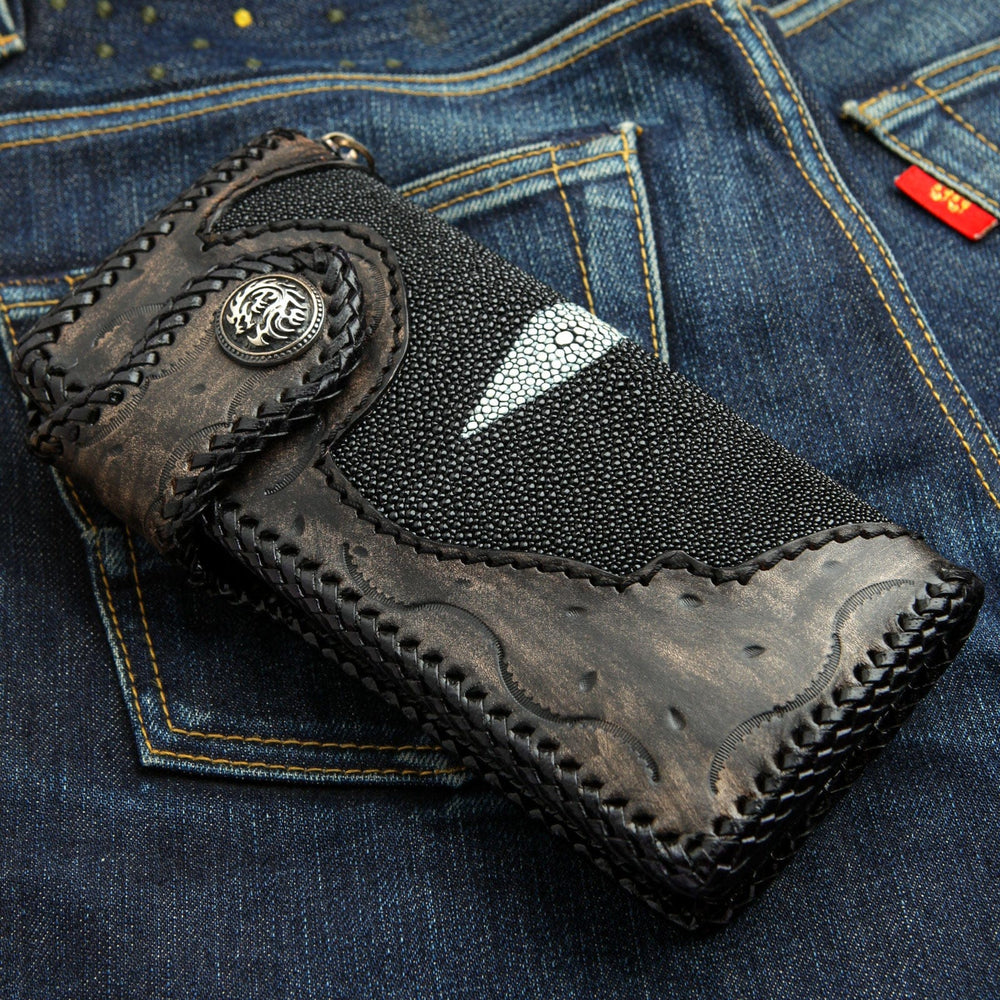 Genuine Stingray Leather Silver Dragon Concho Big Biker Wallet